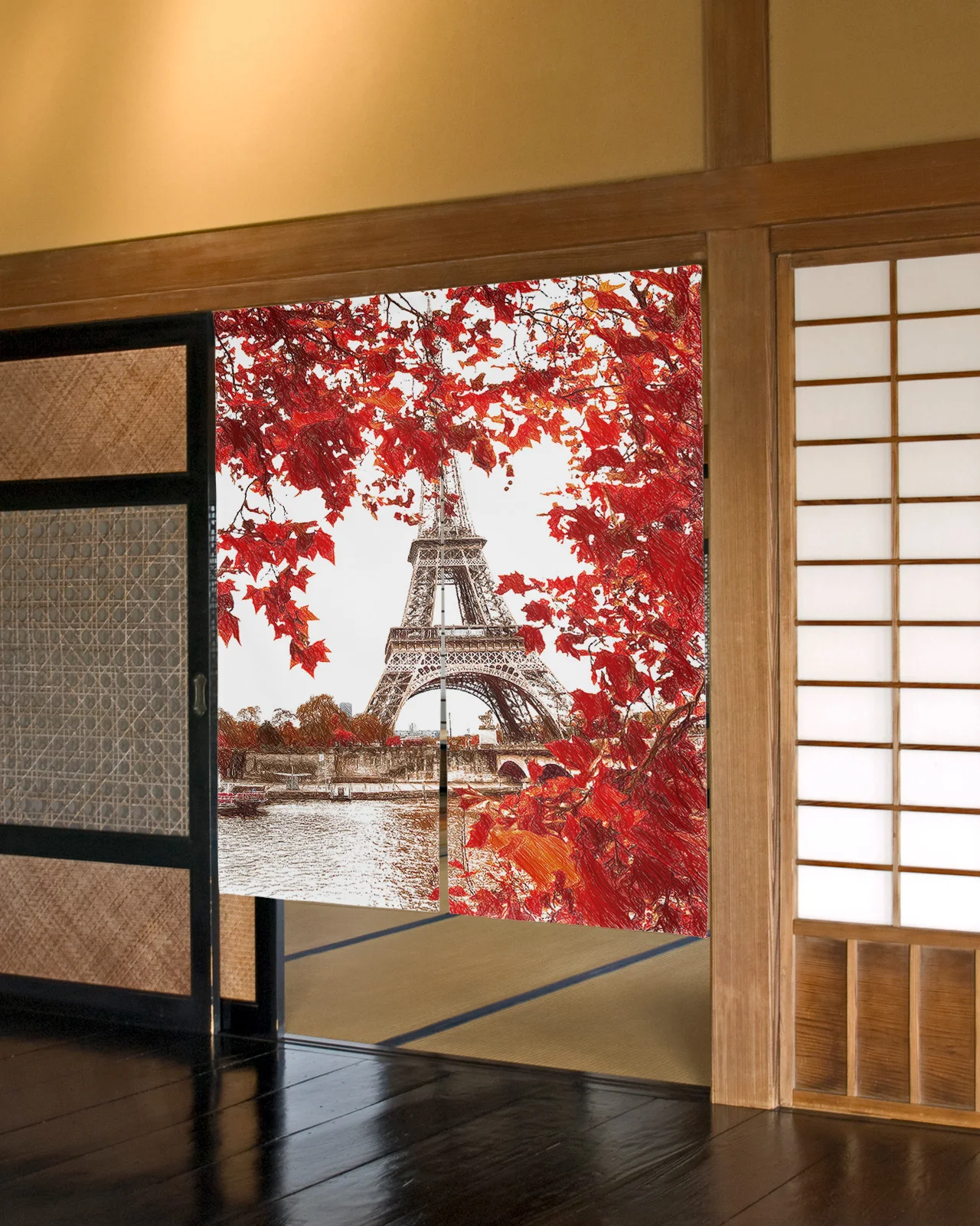 

Red Maple Leaf Tower Oil Painting Japanese Door Curtain Restaurant Kitchen Entrance Partition Doorway Curtains Half-Curtain