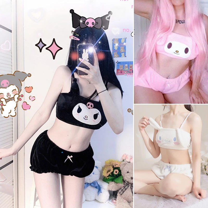 

Kawaii Kuromi Melody Sling Pajamas Cartoon Cinnamoroll Embroidery Household Clothes Coral Velvet Pajamas Suits Women's Pajamases