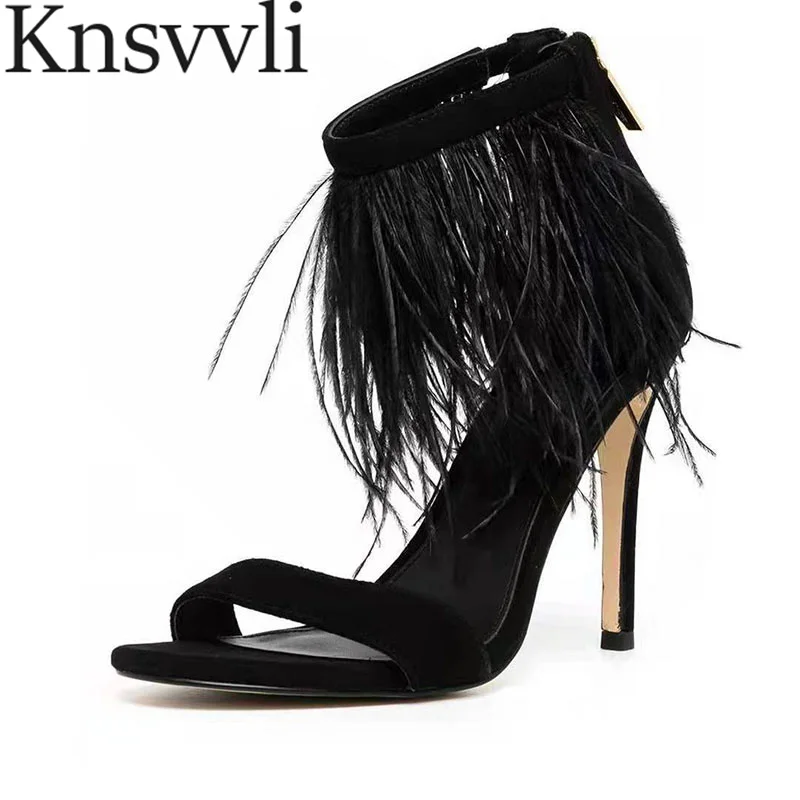 

Novelty Square Toe Heeled Sandals Women Kid Suede Ankle Strap Pumps Women Cover Heel Open Toe Prom Feather Sandals Woman