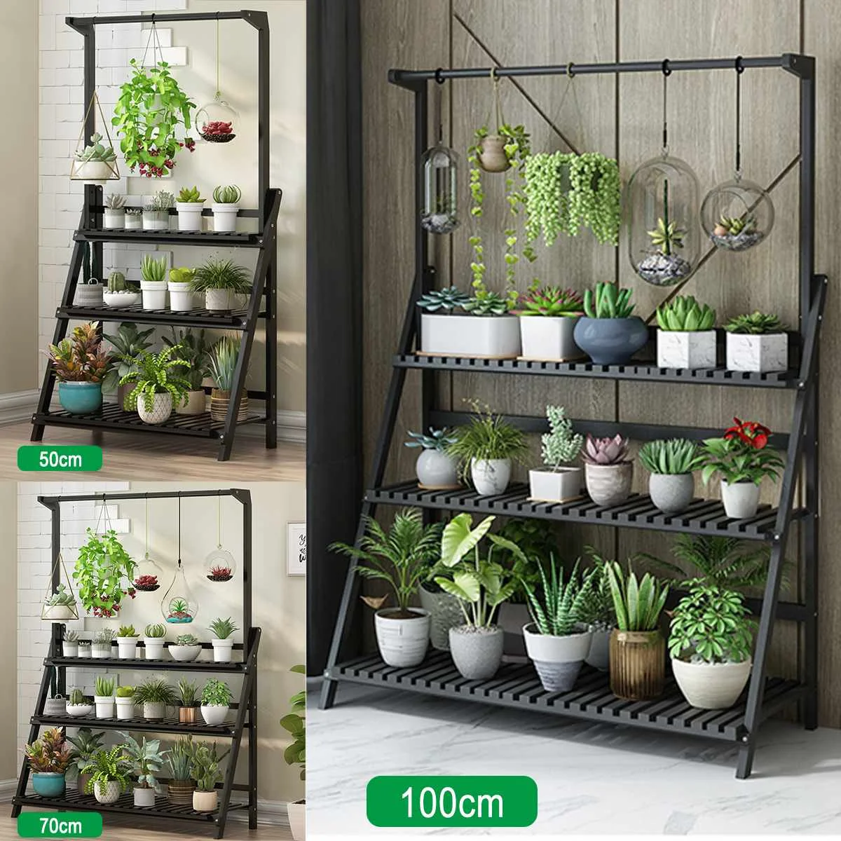 3 Tier Plant Stand Rack With Hanging Basket Adjustable Flower Planter Rack Shelf Shelves Organizer Bonsai Display Shelf Plant