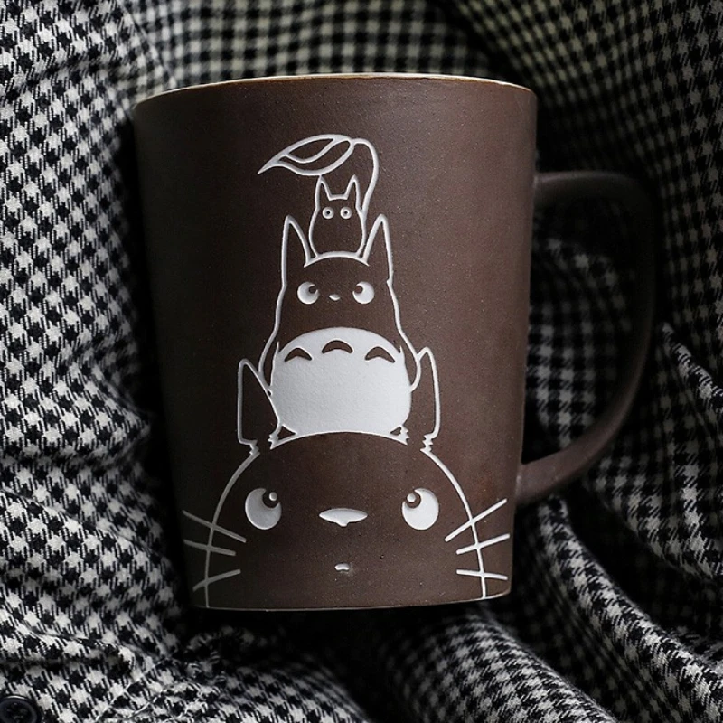 

350 Ml Cartoon Totoro Large-Capacity Handmade Ceramic Coffee Mug with Lid and Spoon Frosted Pottery Office Coffee Cups
