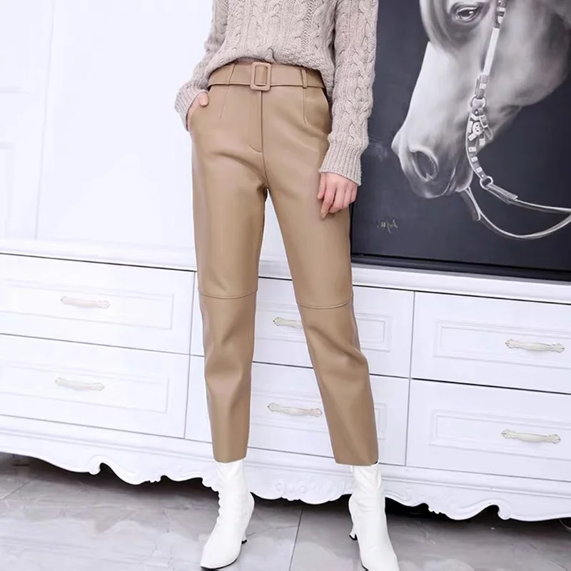 2023 Trousers Women Korean Style Genuine Leather High Waist Pants Women Pencil Pants Ladies With Belt Office Ladies