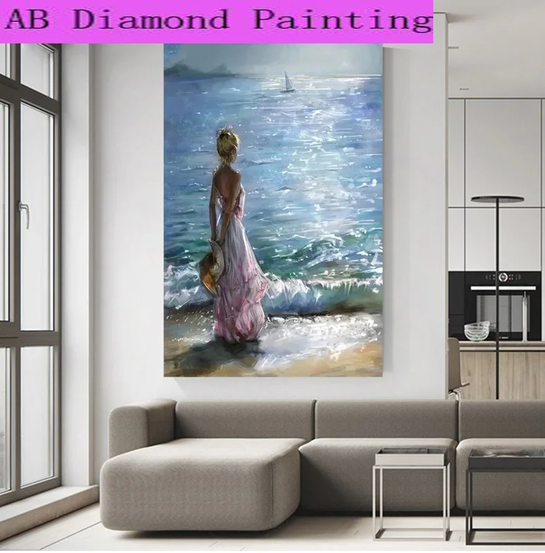 

Новая алмазная живопись AB, квадратная/круглая 5D алмазная живопись «девочки по морю», алмазная вышивка крестиком, домашний декор, подарки