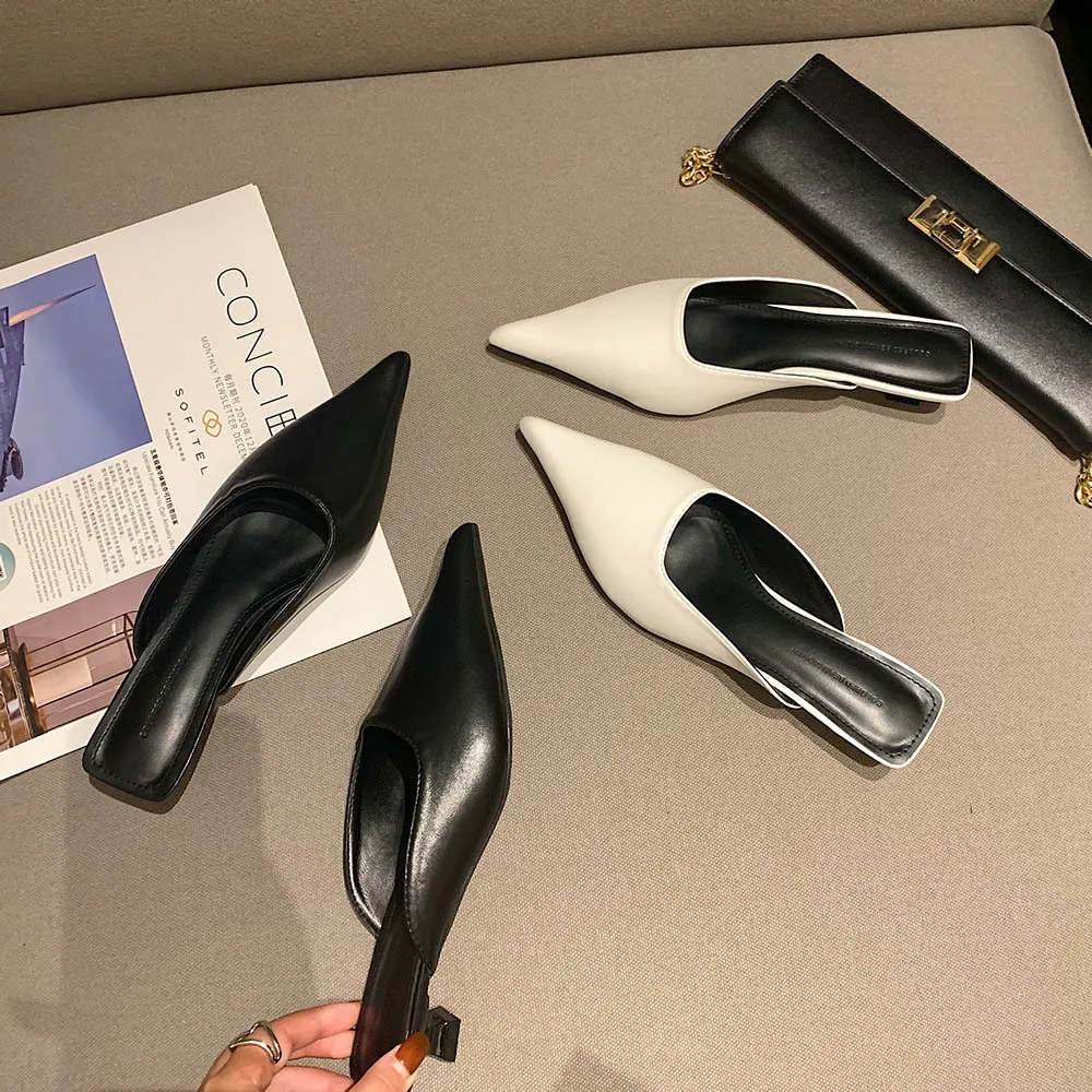 Мюли женские на каблуке мягкие туфли-лодочки с острым носком шлепанцы из