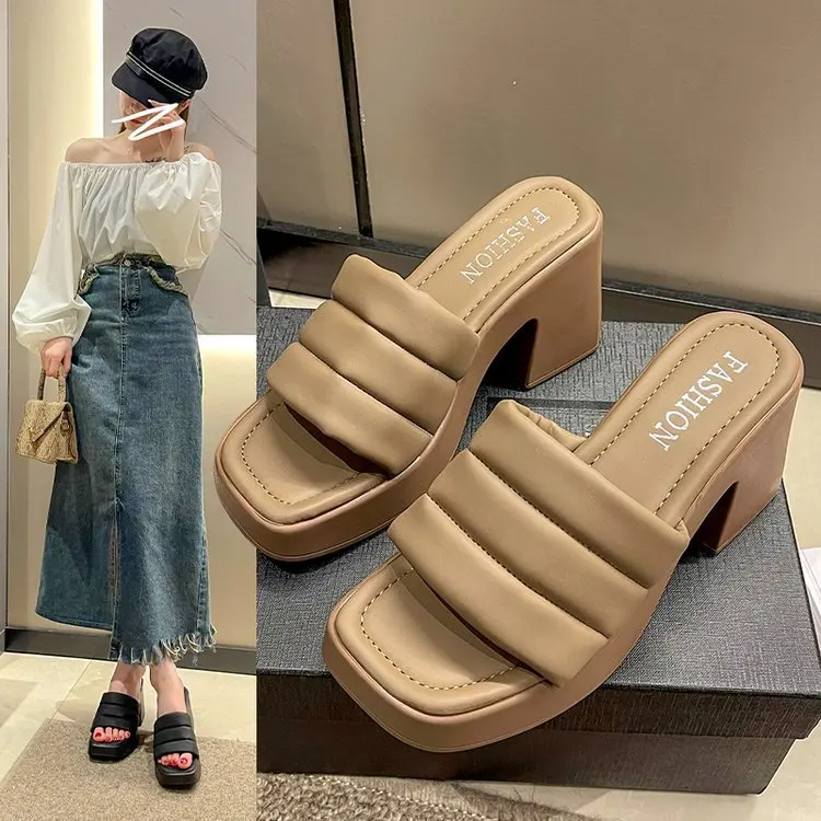 

Women's High Heel Slippers 2023 Summer New Leather Open Toe Wedge Sandals Women's Solid Color Casual Beach Slippers