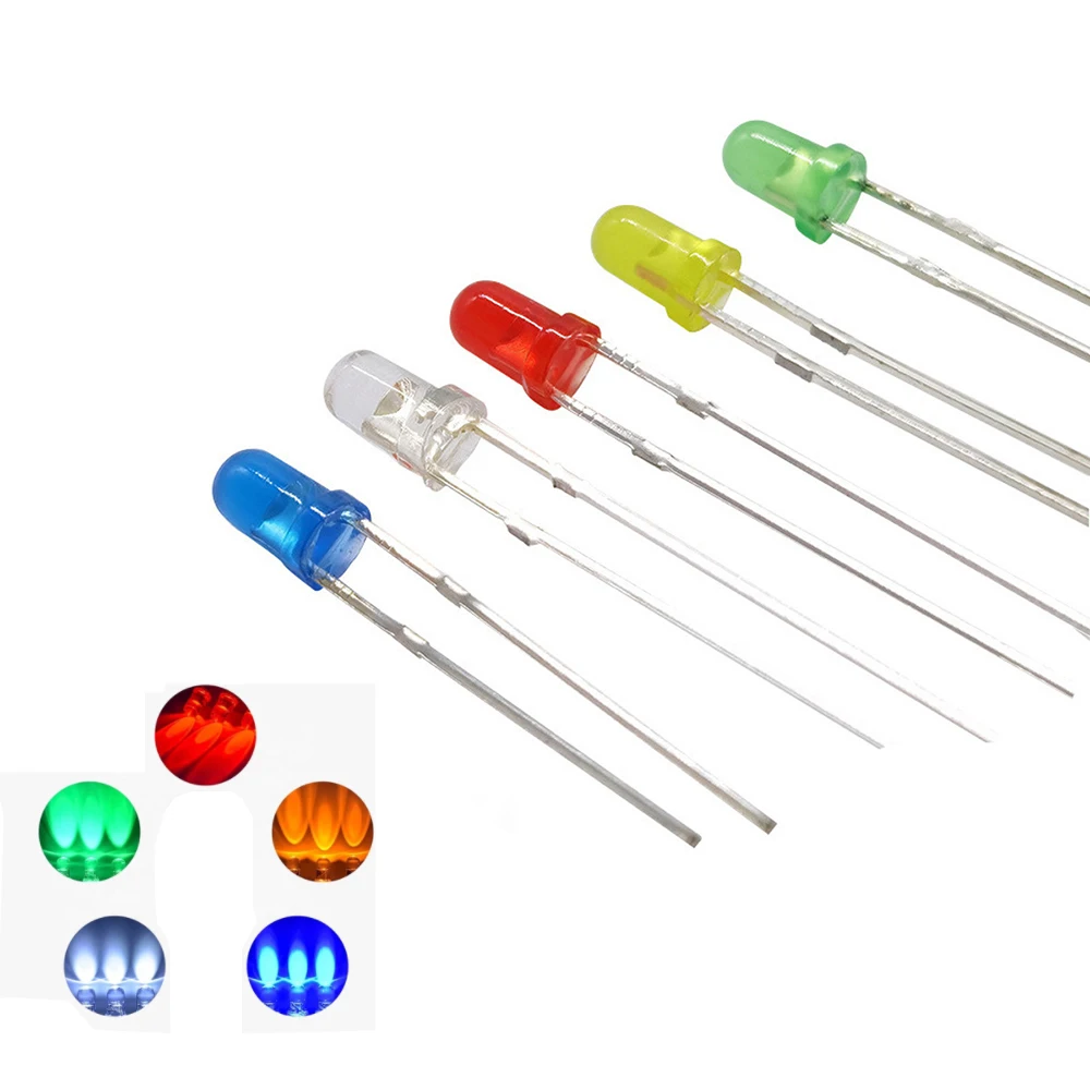 

100PCS 3mm Super Bright LED Diode Multicolor Electronic Components Bulb Lamps White/Red/Yellow/Green/Blue Light Emitting Diodes
