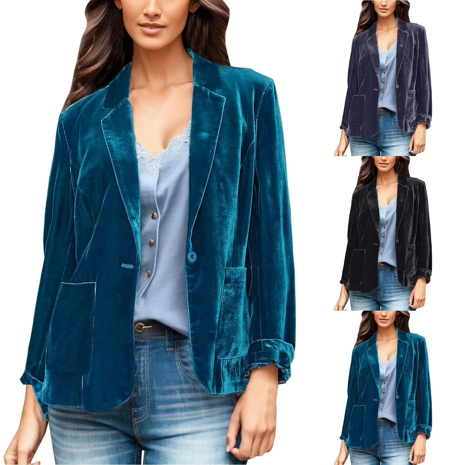 

Ladies Gold Velvet Denim Jacket Single Breasted Long Sleeve Lapel Solid Color Short Style Winter Jacket Jacket Women Full Zip