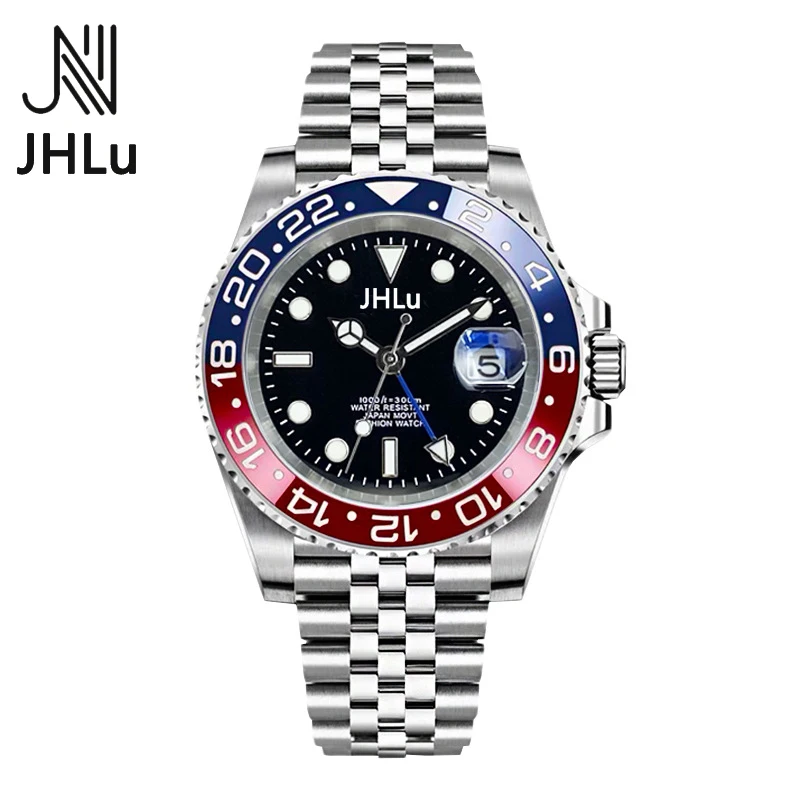 

JHLu New Luxury Men Mechanical Wristwatch Stainless Steel GMT Watch Top Brand Sapphire Glass Men Watches Reloj Hombre