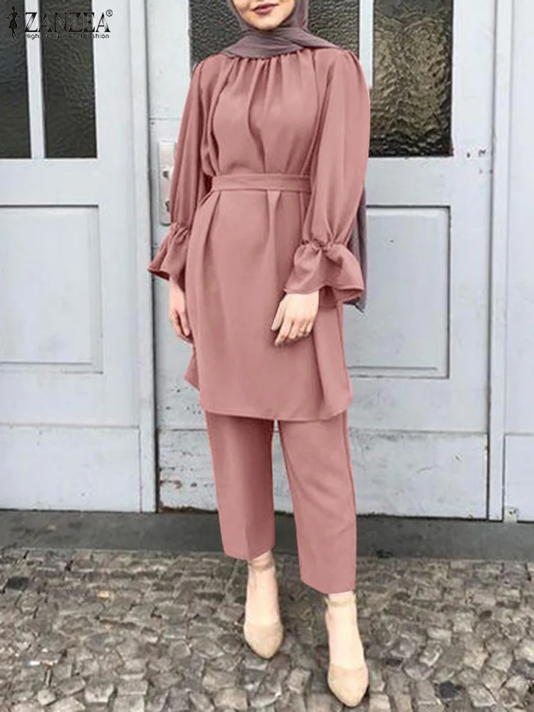 Puff Sleeved O-Neck Belted Lace-Up Blouse Femme Casual Elastic Loose Baggy Pant ZANZEA Muslim Abayas Women Solid Color Suit Set