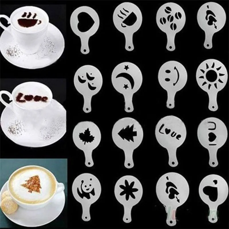 16Pcs Mold Coffee Milk Cake Cupcake Stencil Template Coffee Barista Cappuccino Template Strew Pad Duster Spray Tools images - 6