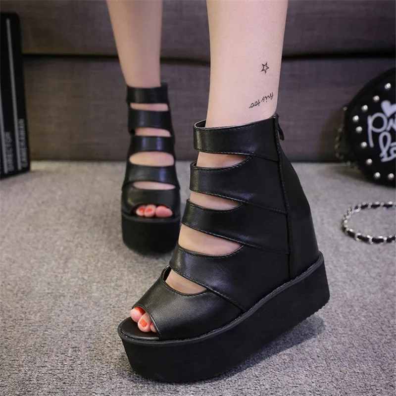

2022 Summer New Wedge High Heel Sandals Sexy Women Black Hollow Peep Toe Gladiator Sandal Platform Female Party Dress Shoes