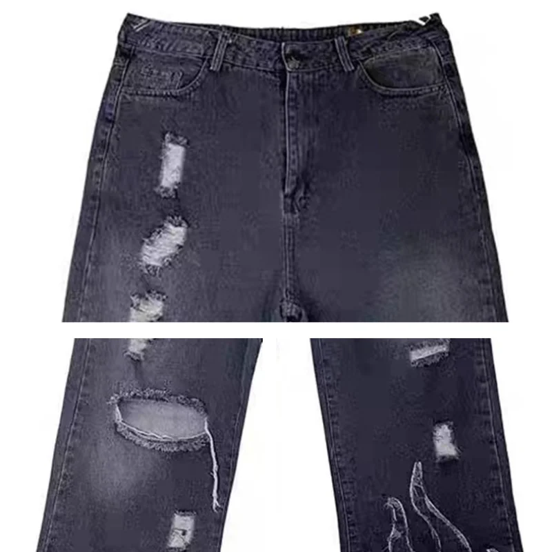 DEEPTOWN Ripped Jeans Men Hole Straight Denim Pants Loose Casual Trouers Male Fashion Streetwear Punk Hip Hop Vintage Spring