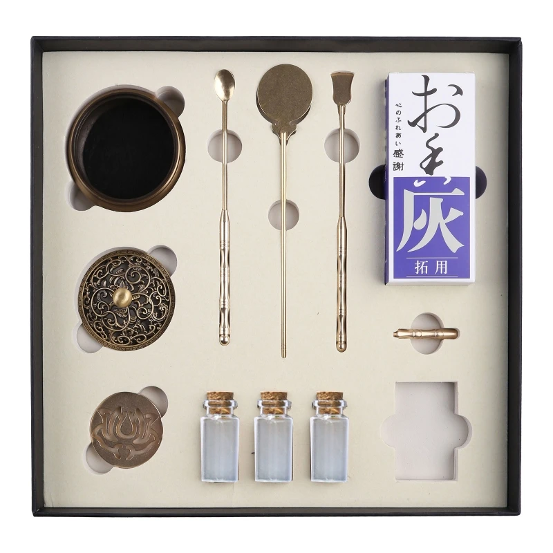 

Brass Incense Tools Set Includes Incense Burner,Lotus Fragrant Seal, Spoon, Press, Shovel, Incense Ash,Bottle,Matches