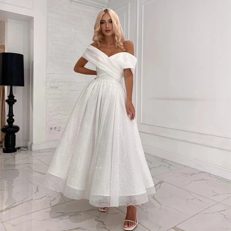 

White Wedding Dress Beach Boho Off The Shoulder Princess Bridal Dress Glitter A-Line Elegant Short Shinny For Women Robe De Mari