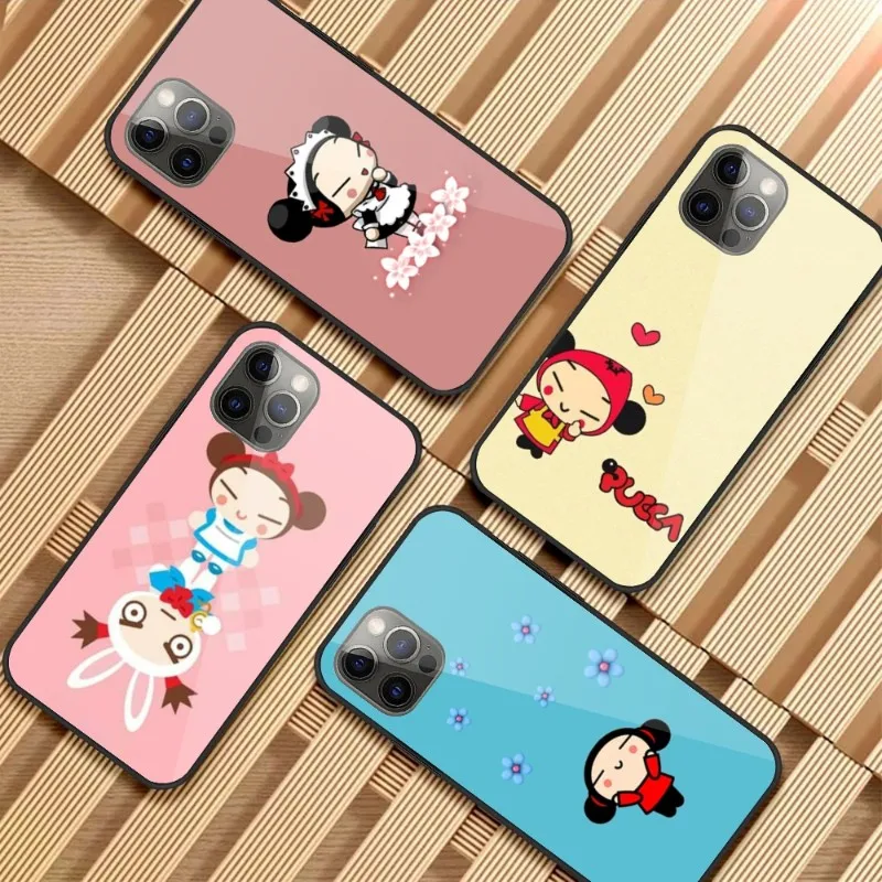 

Cartoon Pucca Phone Case for iPhone 14 13 12 11 XS X 8 7 6 Plus Mini Pro Max SE 2022 PC Glass Cover Funda Shell