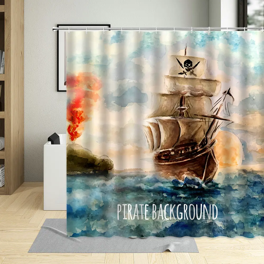 

3d-занавески для душа с пиратским кораблем, шторы для морской навигации, с рисунком океана, парусной лодки, водонепроницаемая занавеска для ванной, водонепроницаемые декорирующие экраны с крючками для дома