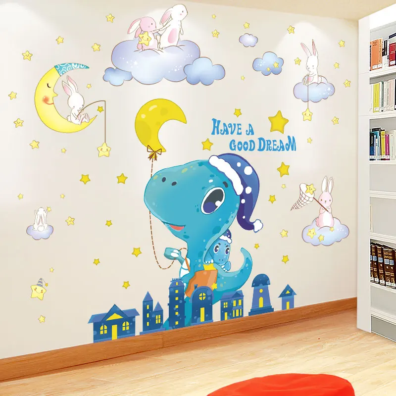 

[shijuekongjian] Rabbits Animals Wall Stickers DIY Cartoon Dinosaur Stars for Kids Rooms Baby Bedroom Nursery Home Decoration