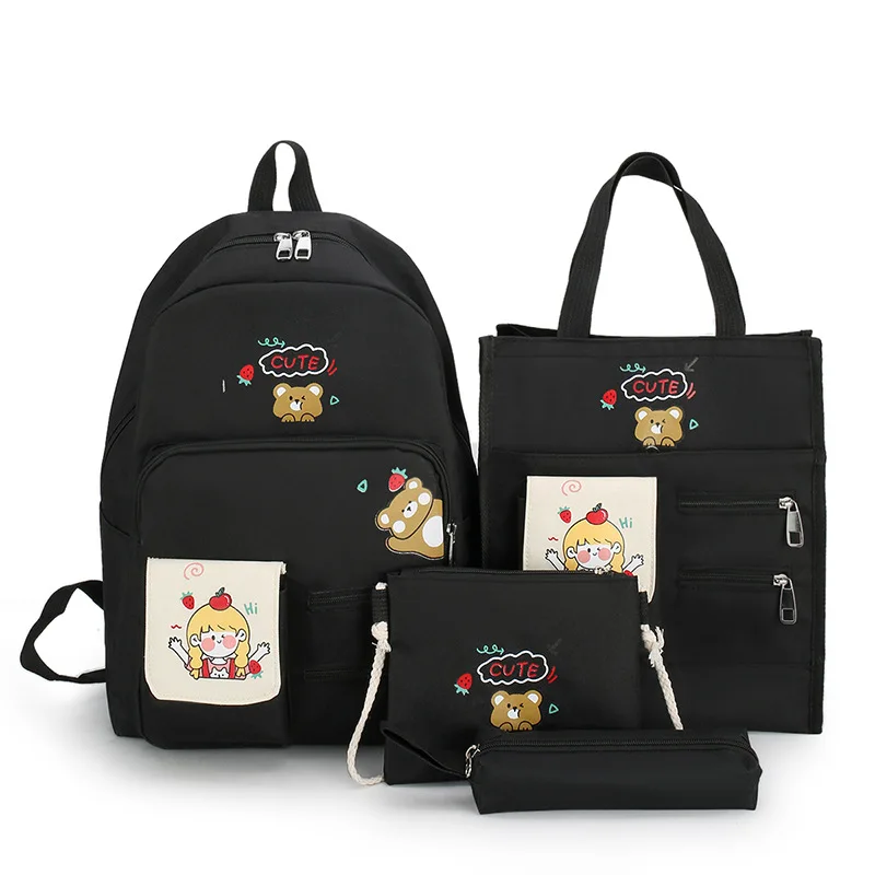 4 Pcs Set Harajuku Women Laptop Backpack Canvas School Bags For Teenage Girls Kawaii College Student Kids Book Bag Rucksack 2022