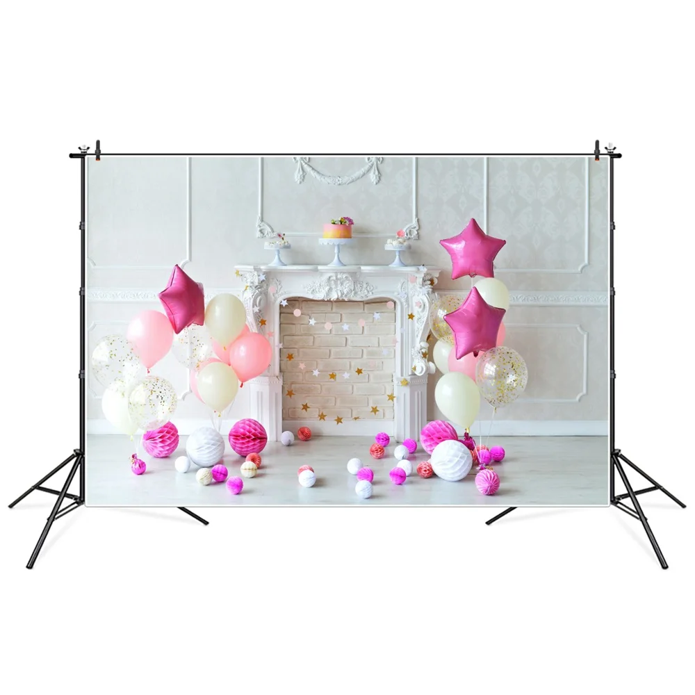 

1st Baby Birthday Party Decoration Photography Backdrops Custom Fireplace Cakes Balloon European Banner Photocall Backgrounds