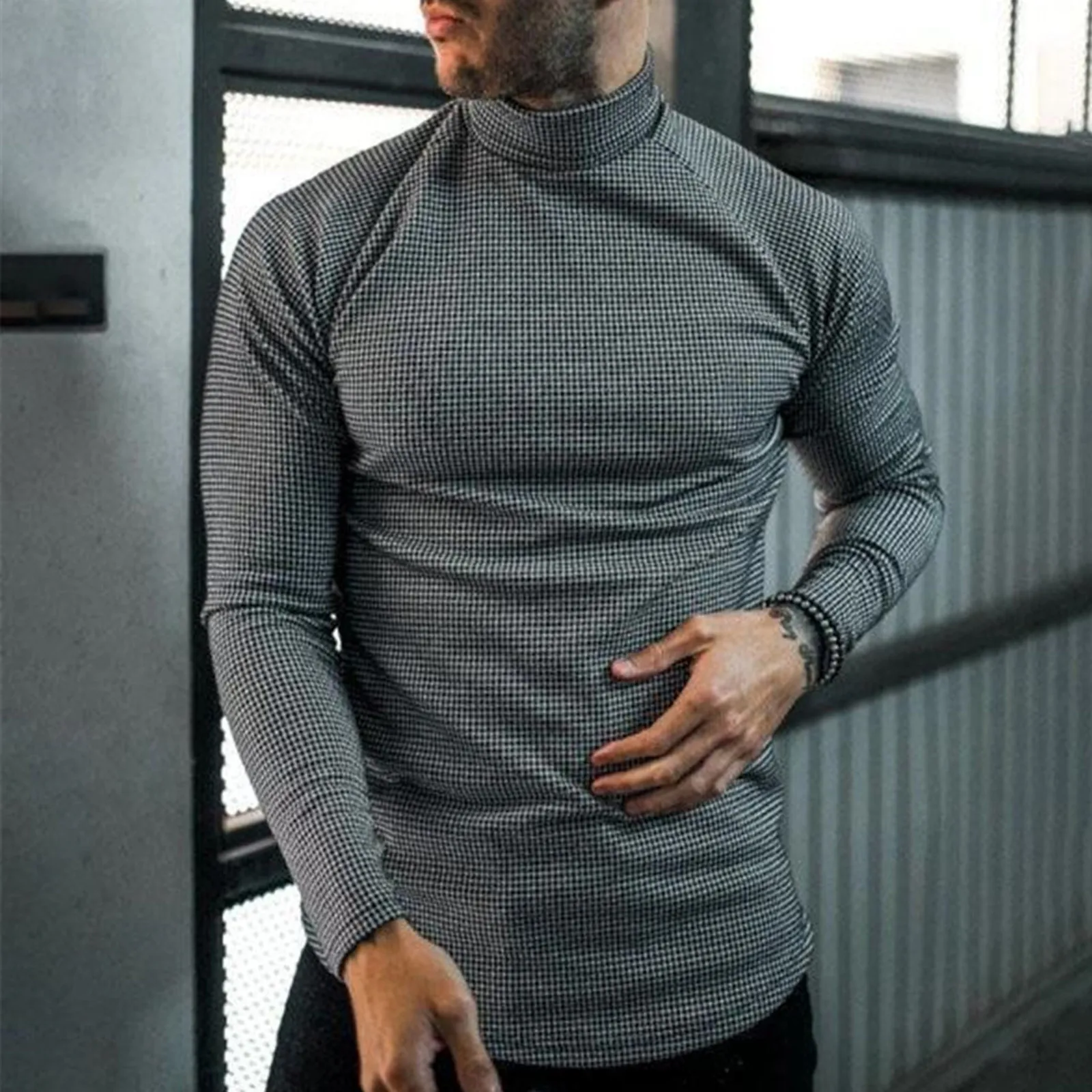 

Men's Casual Small Lattice Print Long Sleeve Tops Turtleneck T-Shirt Blouse