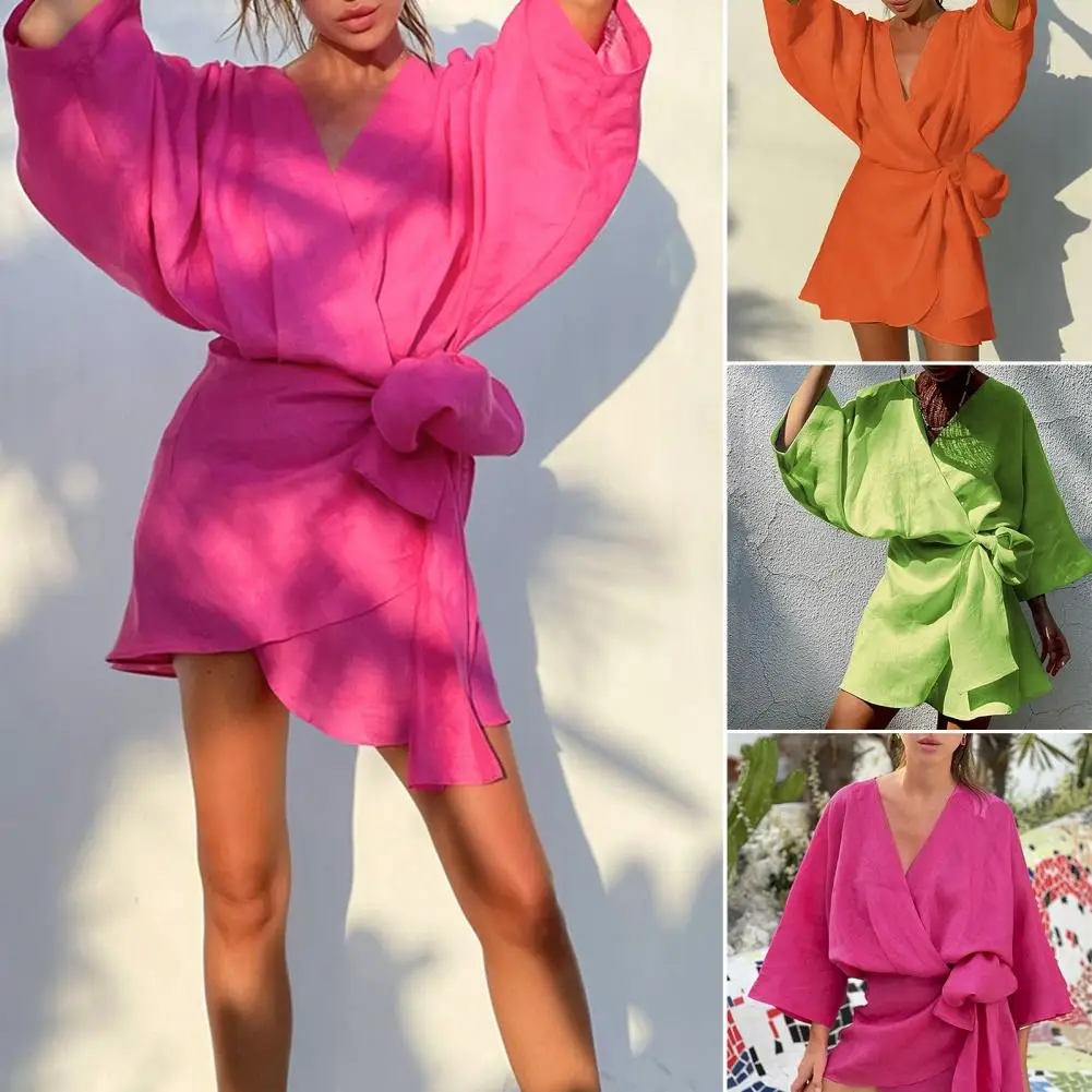 

Comfortable Popular Elegant Lace-Up Thin Vacation Dress Breathable Sexy Dress Wrap V-neck for Daily Wear