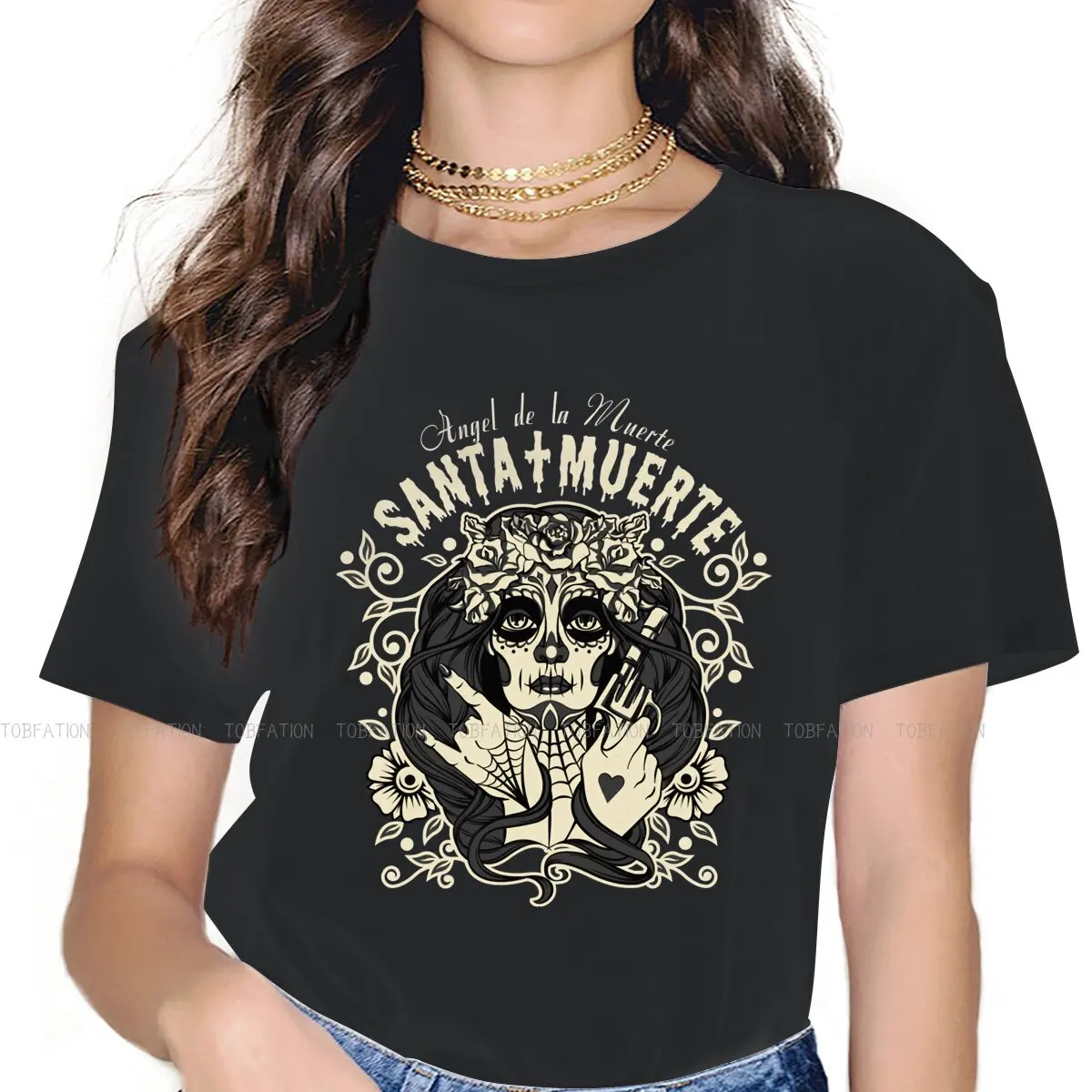 

Sugar Calavera Angel De La Classic TShirt For Girls Mexican Skull Santa Muerte Tops Fashion Ladies T Shirt Cotton Summer Loose