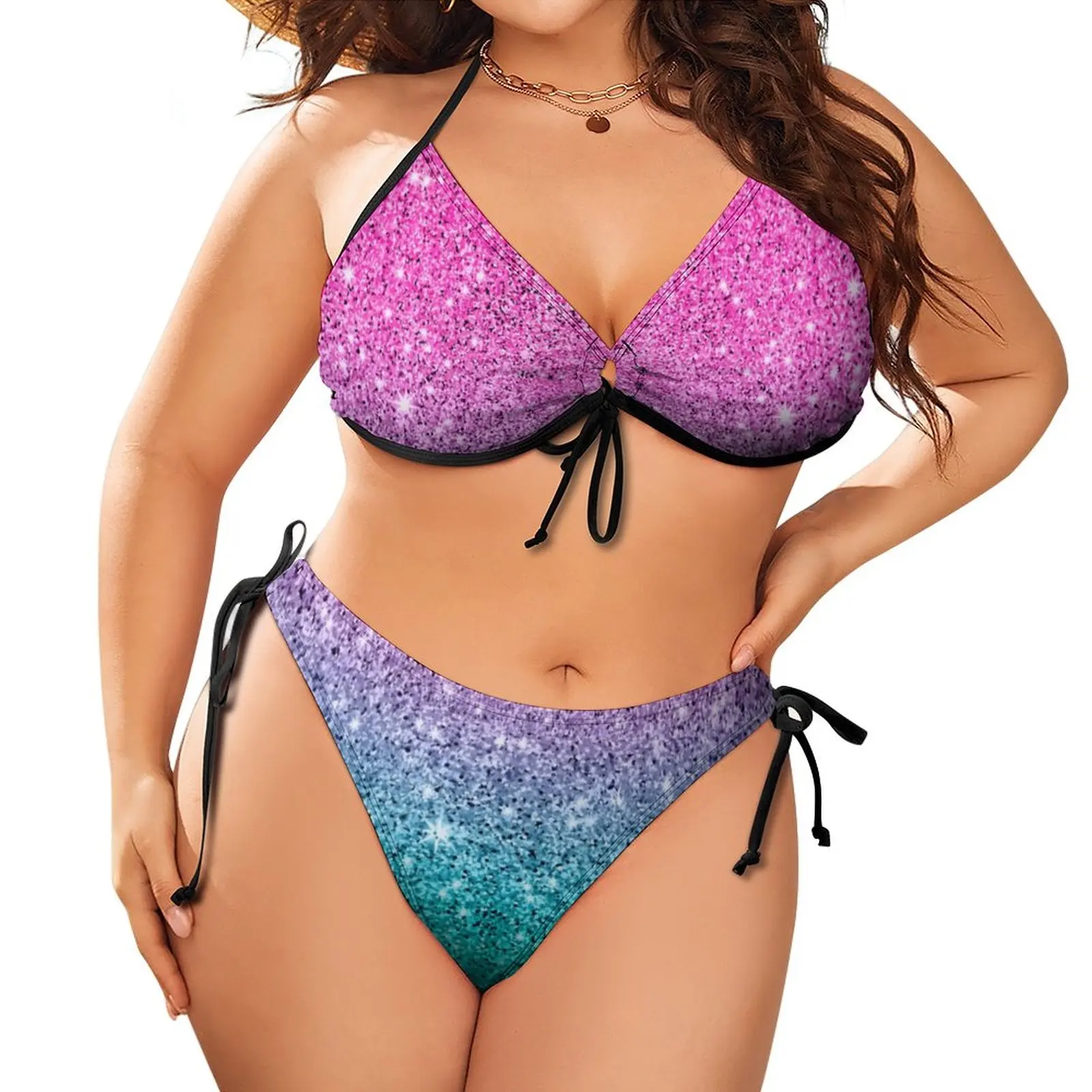 

Glitter Ombre Bikini Swimsuit Push Up Abstract Sparkles Print Surfing Bikinis Set Aesthetic Swimwear Graphic Feminine Bikinis