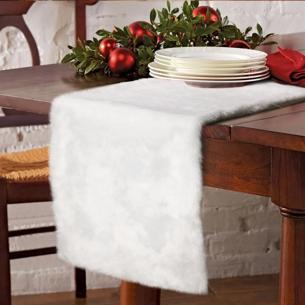 

OurWarm Christmas Table Runner Faux Fur White Plush Christmas Runner for Kitchen Dinning Table Decoration New Year 15x72 lnch