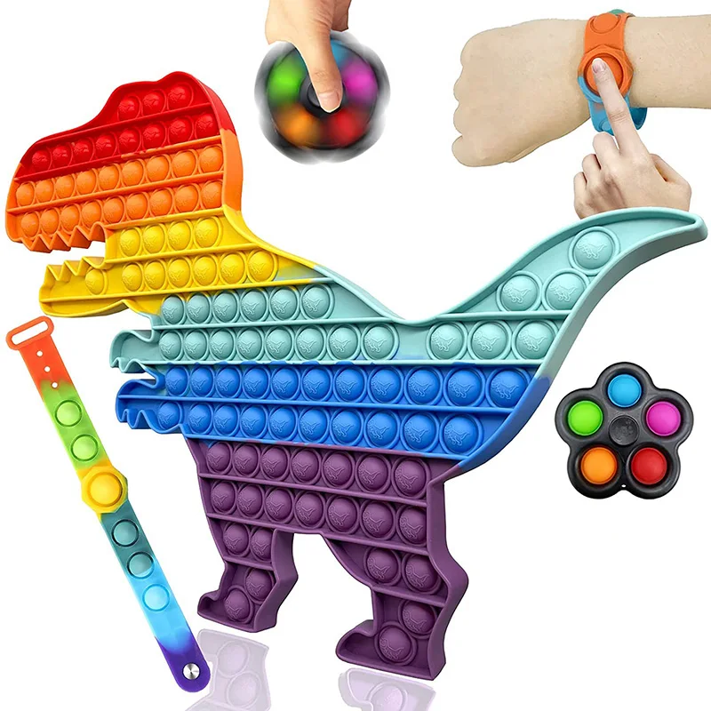 

3PCS Fidget Sensory Toy Set Jumbo Popper Push Bubble Rainbow Large Dinosaur Popete Bracelet StressReliever Hand Finger Game Gift
