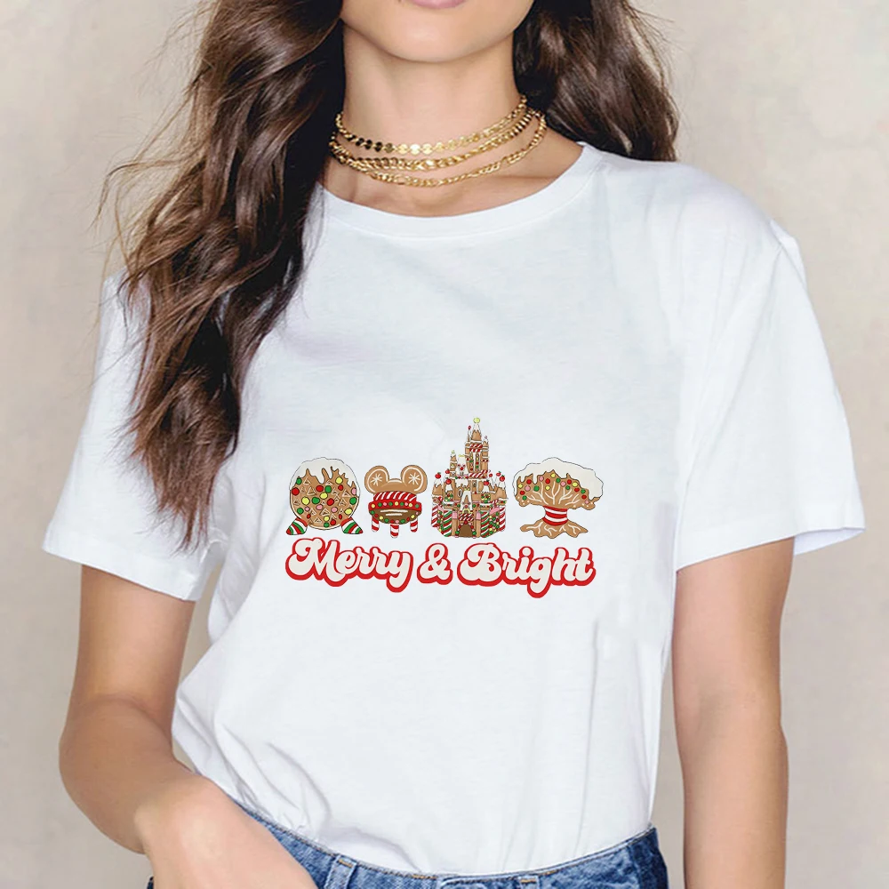 

Disney Merry & Bright T Shirt Women Snack Print Mickey Mouse Fun Cute Tops White Basic Tee 2022 New Creative Camiseta Mujer