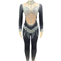shining long sleeve silver rhinestone black sheer playsuits studded hook flower hollow dance singer show clothes women