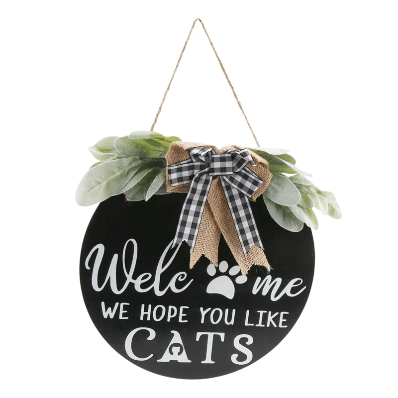 

Welcome Sign Front Door Hanger Wreath With Bow Welcome We Hope You Like Cats Farmhouse Round Hanging Flower Bow Decor