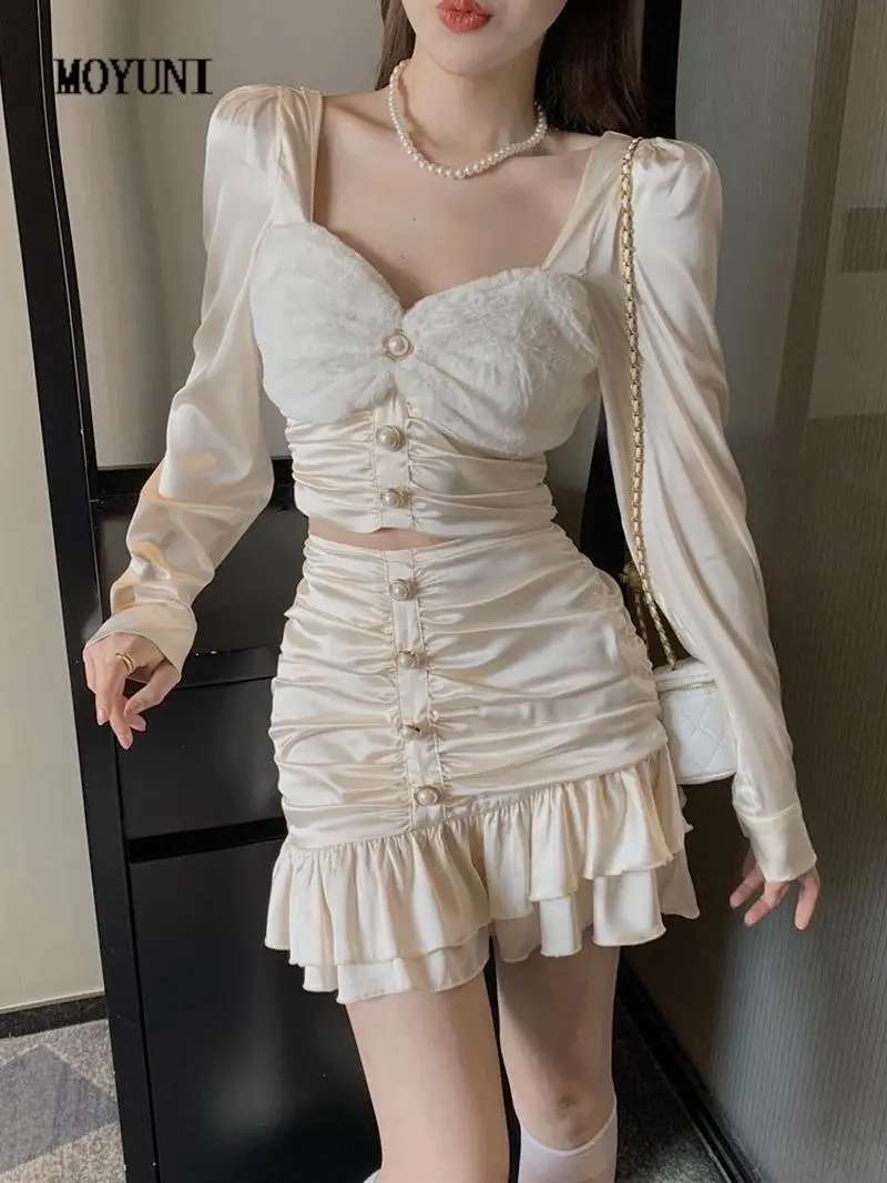 

Pearl Stitching Crop Top Long Sleeve Square Shirts Women Slim Mini Ruffled Irregular Skirt Mermaid French Retro Temperament