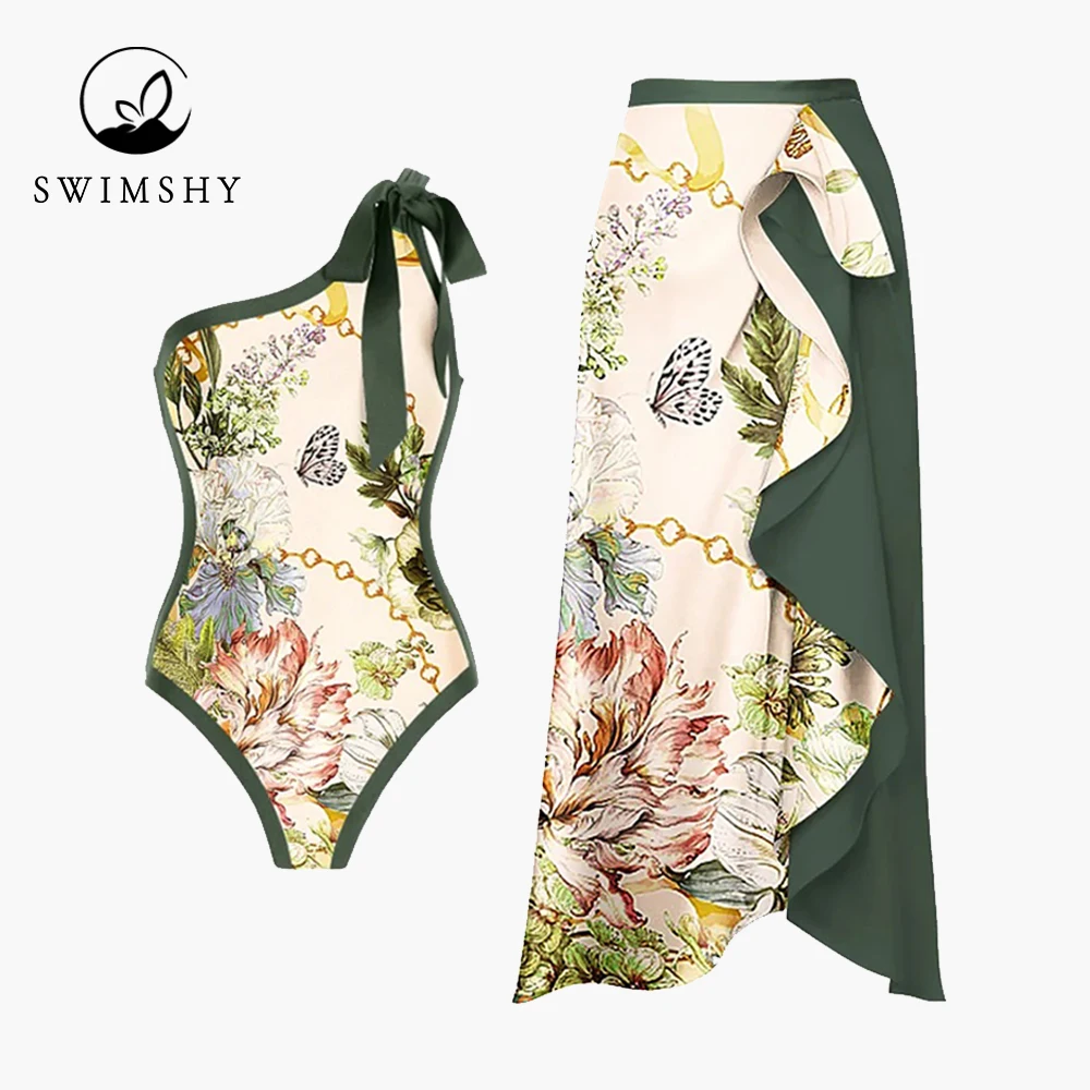 Купи 2023 New One Shoulder Floral Print One Piece Swimsuit and Skirt Fashion Bowknot Bikini Women Bathing Suit Vacation Beach Outfits за 812 рублей в магазине AliExpress