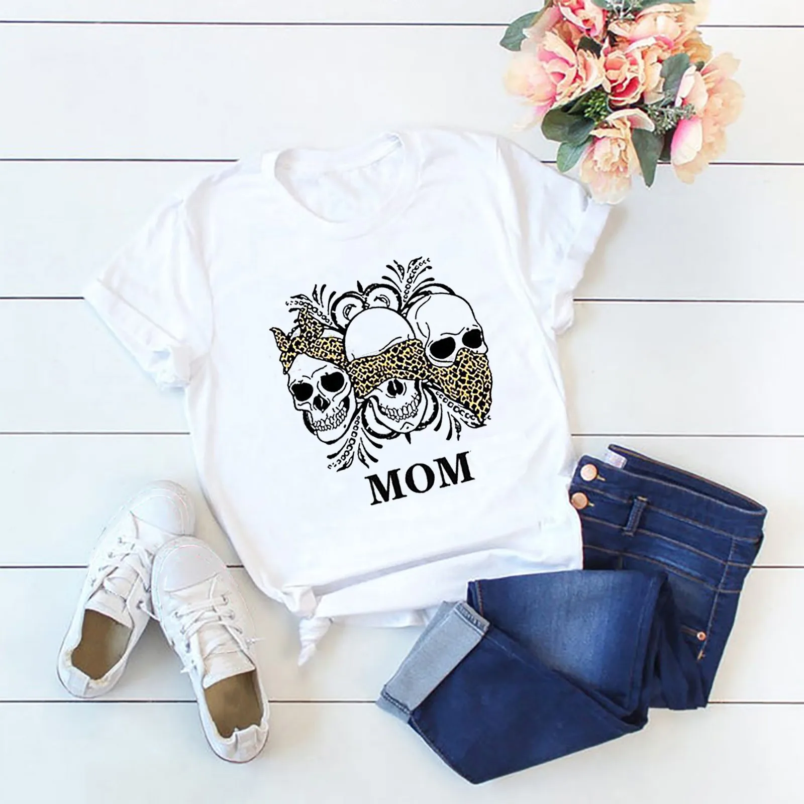 

Модная женская футболка с принтом черепа, летняя свободная черная женская футболка большого размера, повседневные топы с круглым вырезом в ...