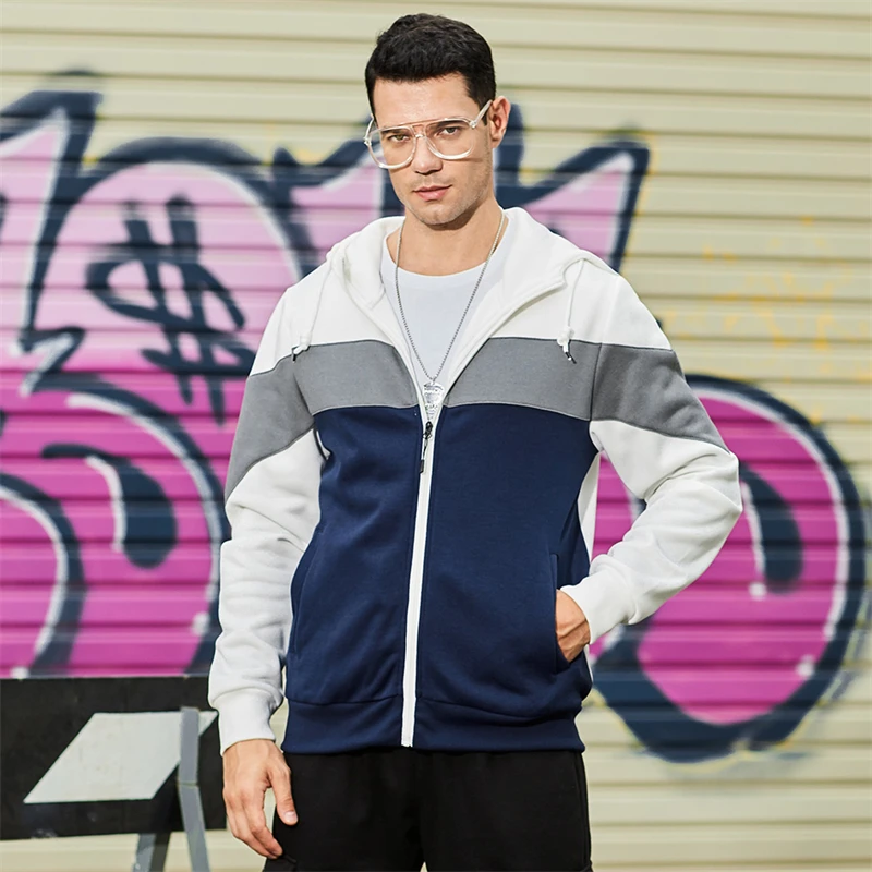 

Autumn Men Colorblock Drawstring Zip up Hooded Sweatshirt Plus Size Cardigan Jacket Loose Clash Casual Fashion Hoodies Clothes