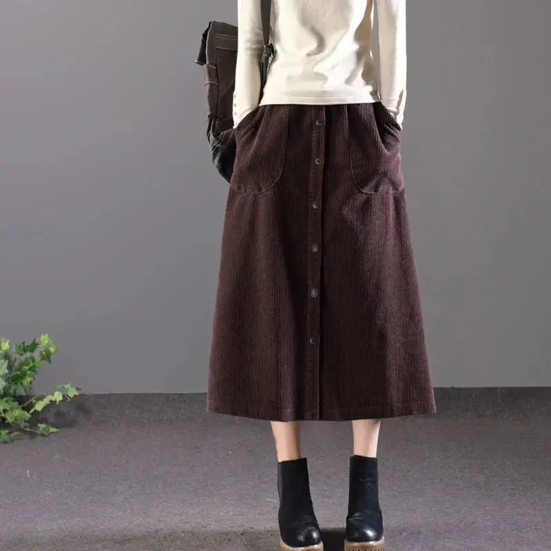 

Fashion Corduroy A-line Autumn Winter Skirts All Match with Buttons Long Skirt Korean Fashion High Waist Loose Women Skirts T544