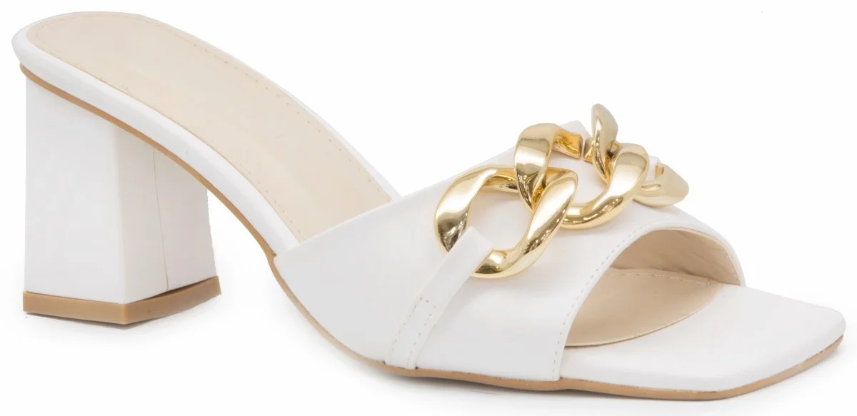 

Gedikpasalı Bno 080 White 2021 Summer Season Women 'S Slippers Low Square Heel Patent Leather Evening Dresses Business Party Chain Buckle Elegant