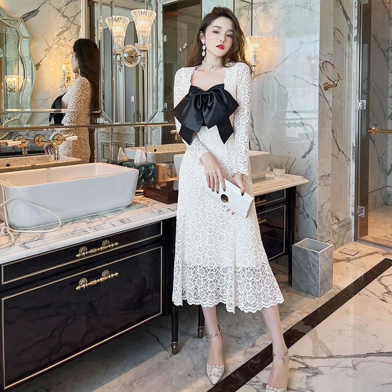 Женские платья элегантные кружевные милые ажурные женские с бантом одежда для