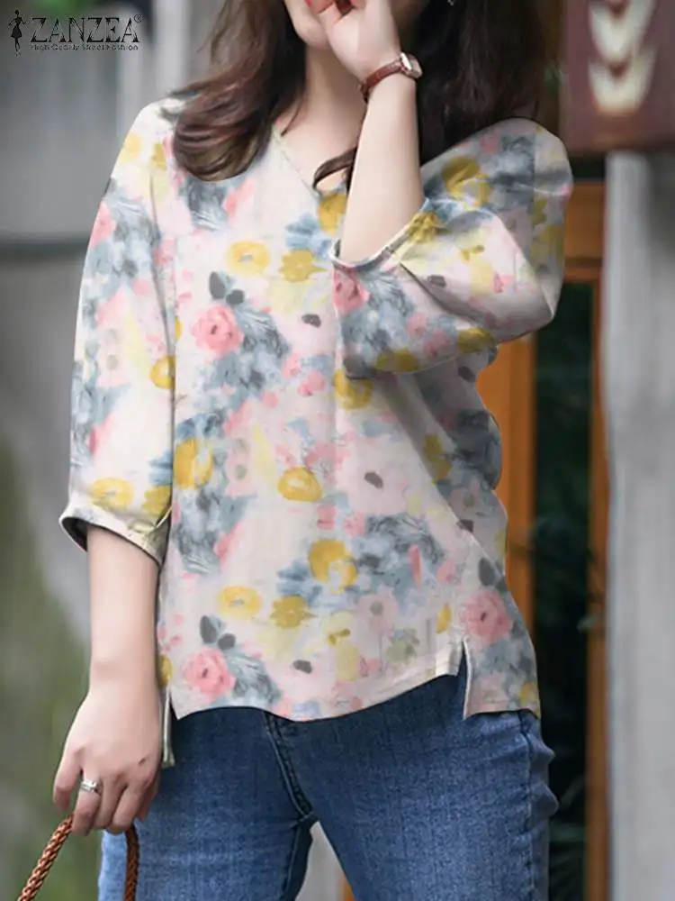

Bohemian Women Floral Printed Shirt ZANZEA Fashion Summer V Neck 3/4 Sleeve Blouse Loose Holiday Tops Female Party Blusas Mujer