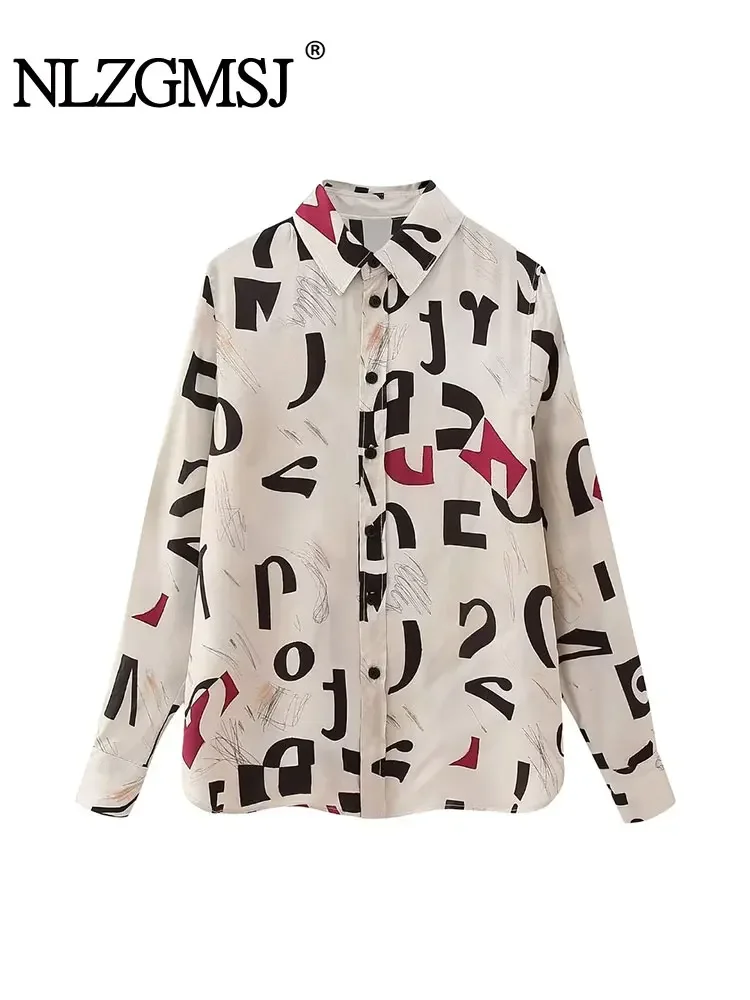 

Nlzgmsj TRAF Women 2024 Chic Printed Shirts Long Sleeve Vintage Single Breasted Spring Autumn Casual Elegant Slim Tops