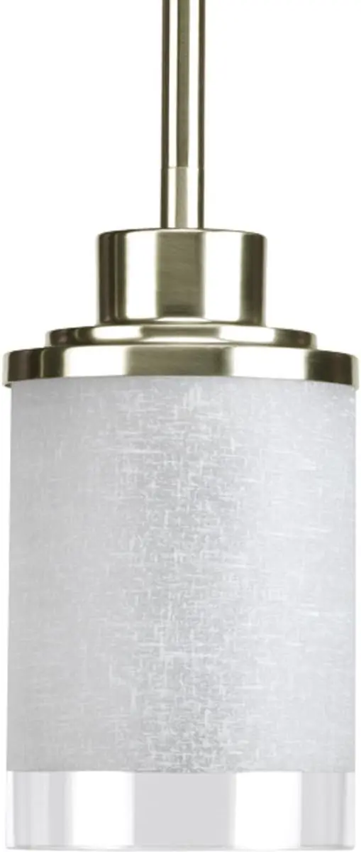 

1-Light Mini-Pendant with White Linen Finished Glass Is Complemented with a Clear Edge Accent Strip, Brushed Nickel