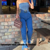 sexy off shoulder ruffles bodysuits with belt bohemian casual fashion blue strapless long jumpsuits workout overalls 2021 summer
