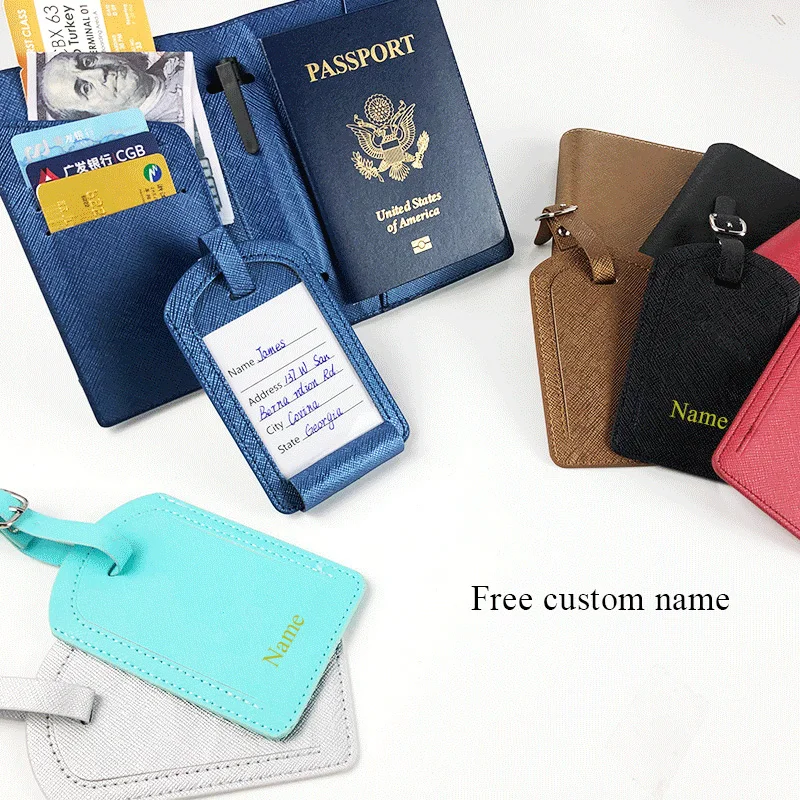 

Free Customized Letters Name Saffiano PU Leather Passport Holder Luaague Tag Set HandmadeTravel Wallet Bag for Family Luxury DIY