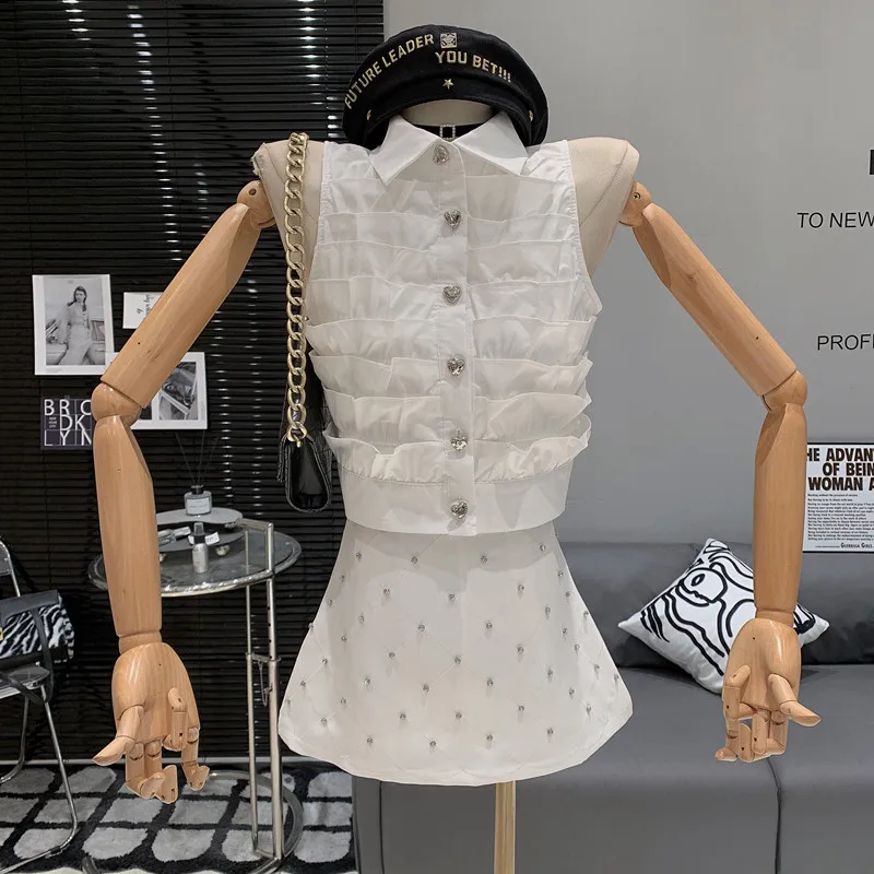 

2023 Summer New Ruffle Hem Vest Slim Fit Shirt Top +High Waist Skirt Two Piece Set