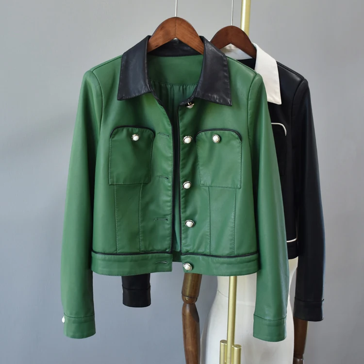 KoHuiJoo Leather Jacket Women Oversize New Autumn Turn Down Color Contrast Pocket Design Green PU Leather Short Coats for Ladies