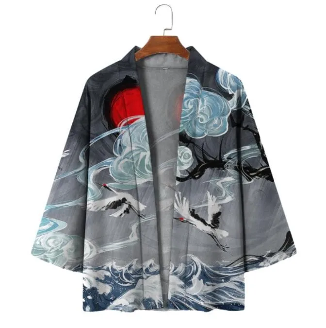 Traditional Chinese Men Full Sleeve Shirts  Spring Autumn New Print Crane Kimono Robe Casual Loose Home Bathrobe Coat S-XXL