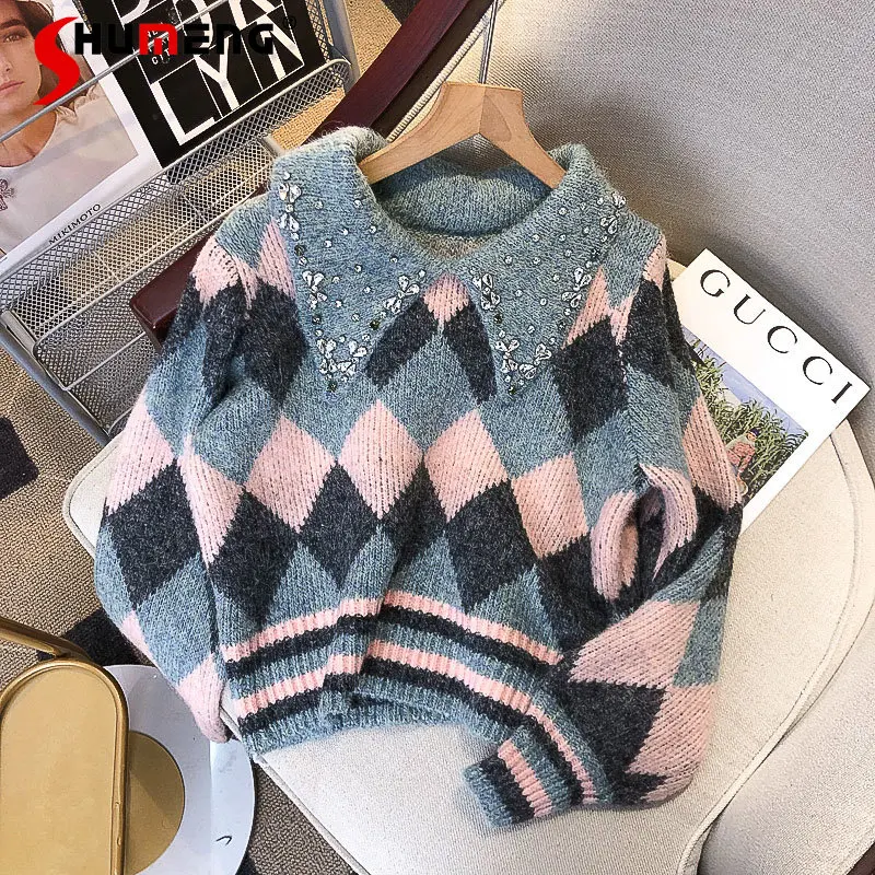 

New Ladies Beaded Polo Collar Diamond Plaid Short Sweater Women's Fall Winter Retro Contrast Color Vintage Pullover Knitted Top