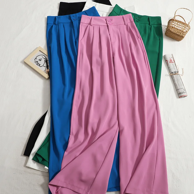 

Straight High Waist Suit Pants Women Casual Pink Green Black Long Pant Femme Formal Bottoms