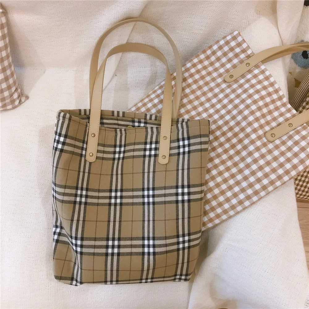Women Canvas Shoulder Bags Retro Plaid Large Capacity Handbags Female Shopping Portable Lazy Foldable Tote Bag  Ladies Hand Bags